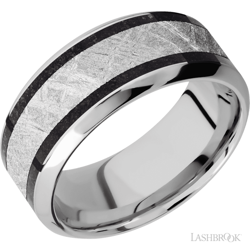 9 mm wide/High Bevel/Cobalt Chrome band featuring inlays of Dinosaur Bone Black and Meteorite.