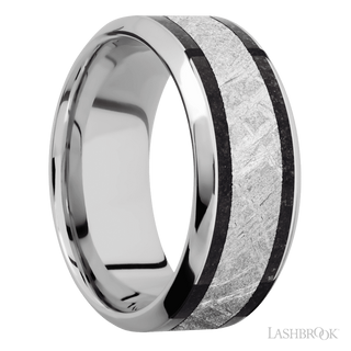9 mm wide/High Bevel/Cobalt Chrome band featuring inlays of Dinosaur Bone Black and Meteorite.