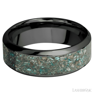 8 mm wide/High Bevel/Zirconium band with one 5 mm Centered inlay of Ocean Jasper.