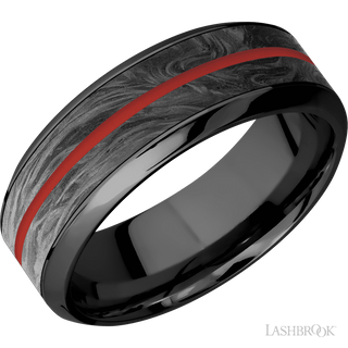8 mm wide/High Bevel/Zirconium band featuring inlays of Forged Carbon Fiber and USMC Red.