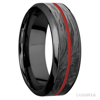 8 mm wide/High Bevel/Zirconium band featuring inlays of Forged Carbon Fiber and USMC Red.