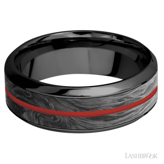 8 mm wide/High Bevel/Zirconium band featuring inlays of Forged Carbon Fiber and USMC Red.