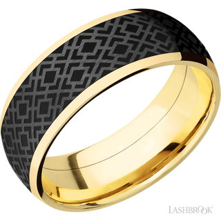 8 mm wide/Domed/14K Yellow Gold band with one 6 mm Centered inlay of Zirconium with a laser carved Trellis 2 pattern.