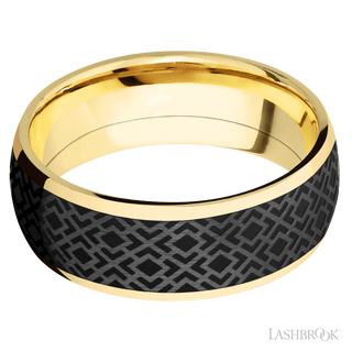 8 mm wide/Domed/14K Yellow Gold band with one 6 mm Centered inlay of Zirconium with a laser carved Trellis 2 pattern.