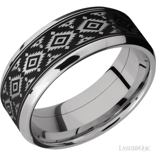 8 mm wide/Beveled/Cobalt Chrome band with one 6 mm Centered inlay of Tantalum with a laser carved Aztec 2 pattern.