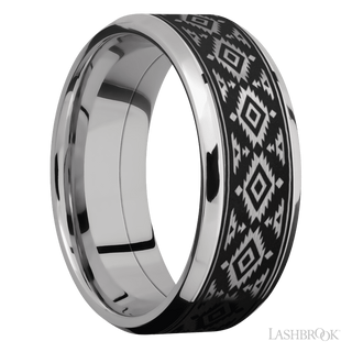 8 mm wide/Beveled/Cobalt Chrome band with one 6 mm Centered inlay of Tantalum with a laser carved Aztec 2 pattern.
