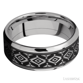 8 mm wide/Beveled/Cobalt Chrome band with one 6 mm Centered inlay of Tantalum with a laser carved Aztec 2 pattern.