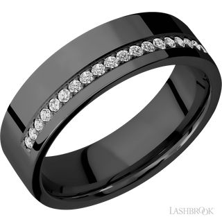 7 mm wide/Flat/Zirconium band with a Off Center Half Eternity arrangement of .015 carat Round Diamond stones in a Bead setting.