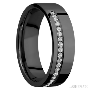 7 mm wide/Flat/Zirconium band with a Off Center Half Eternity arrangement of .015 carat Round Diamond stones in a Bead setting.