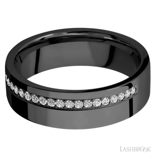 7 mm wide/Flat/Zirconium band with a Off Center Half Eternity arrangement of .015 carat Round Diamond stones in a Bead setting.