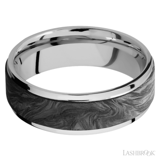 7 mm wide/Flat Grooved Edges/Cobalt Chrome band with one 5 mm Raised Centered inlay of Forged Carbon Fiber.