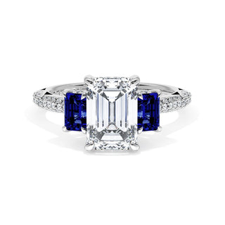 Emerald 3-Stone Engagement Ring in Blue Sapphire