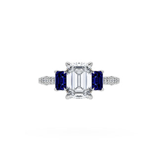 Emerald 3-Stone Engagement Ring in Blue Sapphire