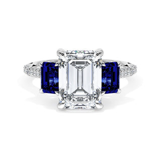 Emerald 3-Stone Engagement Ring in Blue Sapphire