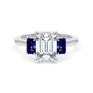 Emerald 3-Stone Engagement Ring in Blue Sapphire
