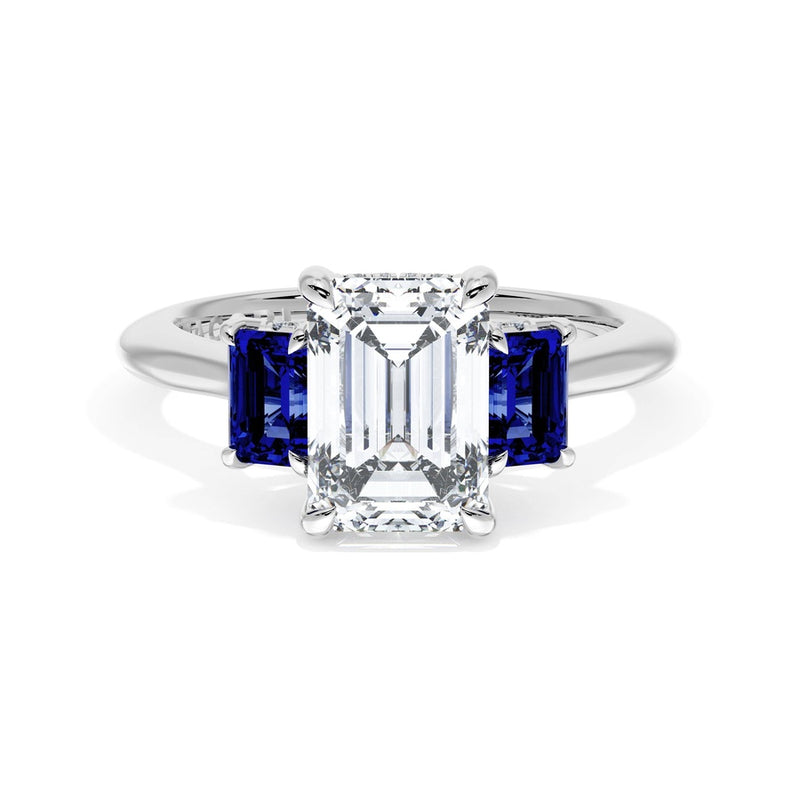 Emerald 3-Stone Engagement Ring in Blue Sapphire