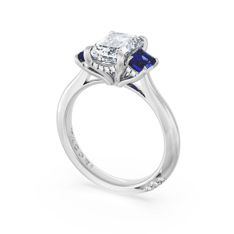 Emerald 3-Stone Engagement Ring in Blue Sapphire