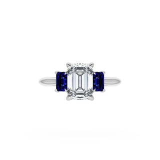Emerald 3-Stone Engagement Ring in Blue Sapphire
