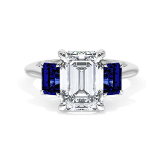 Emerald 3-Stone Engagement Ring in Blue Sapphire