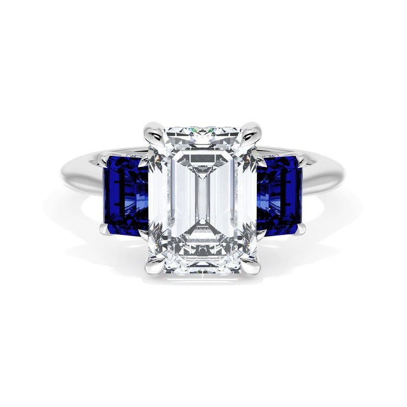 Emerald 3-Stone Engagement Ring in Blue Sapphire