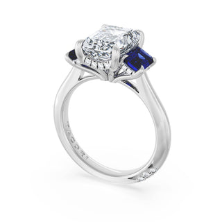 Emerald 3-Stone Engagement Ring in Blue Sapphire