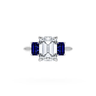 Emerald 3-Stone Engagement Ring in Blue Sapphire