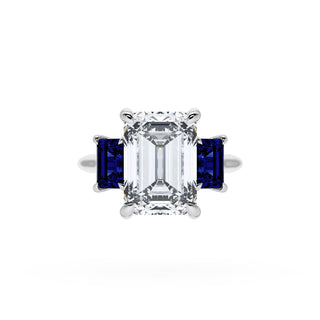 Emerald 3-Stone Engagement Ring in Blue Sapphire