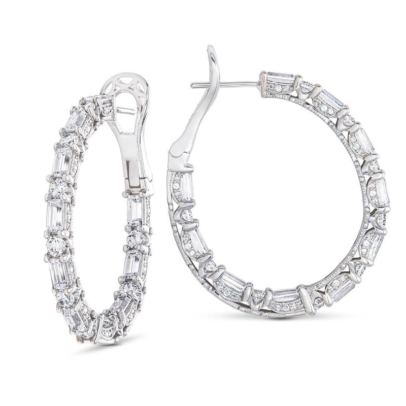 Baguette and Round Cut Oval Diamond Hoop Earrings in 14kt White Gold