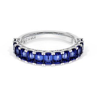 Emerald Cut Blue Sapphire Eternity Band in 18kt White Gold
