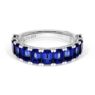 Emerald Cut Blue Sapphire Eternity Band in 18kt White Gold