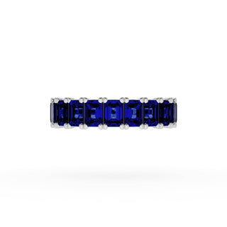 Emerald Cut Blue Sapphire Eternity Band in 18kt White Gold