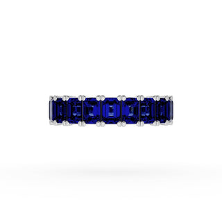 Emerald Cut Blue Sapphire Eternity Band in 18kt White Gold