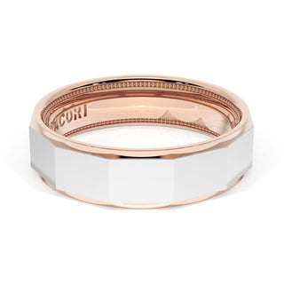 High Polish Finish Faceted Wedding Band in 18kt Rose Gold & Platinum