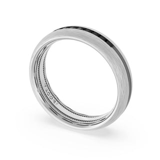 Rounded Brush Finish Black Diamond Wedding Band in Platinum