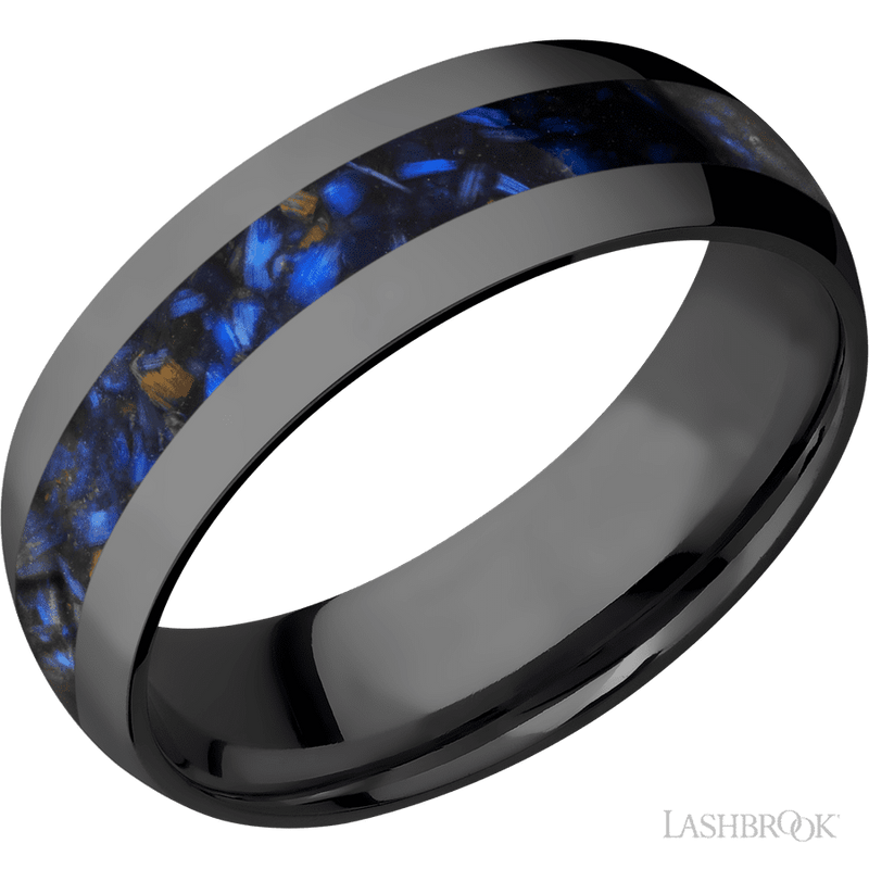7 mm wide/Domed/Zirconium band with one 3 mm Centered inlay of Blue Tiger Eye.