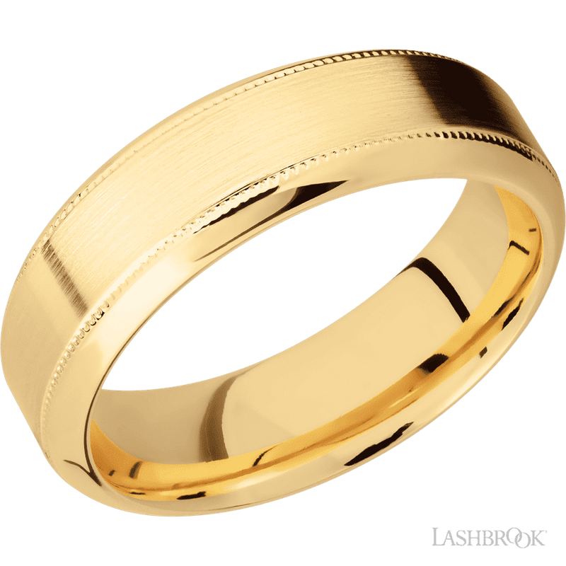 7 mm wide High Bevel Milgrain 14K Yellow Gold band.