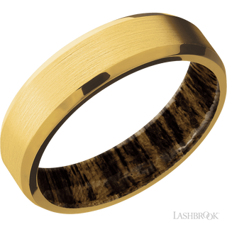 6 mm wide Beveled 18K Yellow Gold band featuring a Bocote sleeve.