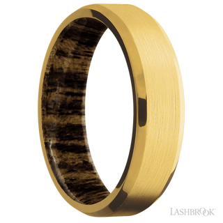 6 mm wide Beveled 18K Yellow Gold band featuring a Bocote sleeve.