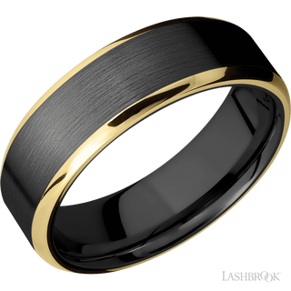 7 mm wide/Beveled/Zirconium band with two 1 mm Edge inlays of 14K Yellow Gold.
