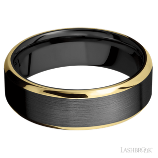 7 mm wide/Beveled/Zirconium band with two 1 mm Edge inlays of 14K Yellow Gold.