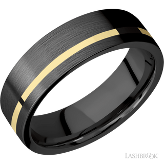 7 mm wide/Flat/Zirconium band with one 1 mm Off Center inlay of 14K Yellow Gold.