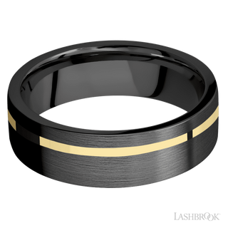 7 mm wide/Flat/Zirconium band with one 1 mm Off Center inlay of 14K Yellow Gold.