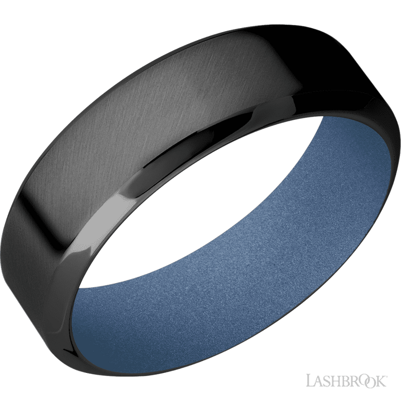 7 mm wide High Bevel Zirconium band featuring a Crushed Orchid sleeve.