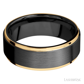 8 mm wide/Flat Grooved Edges/Zirconium band with two 1 mm Edge inlays of 14K Yellow Gold.