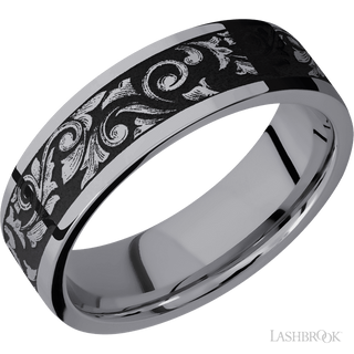 7 mm wide/Flat/Tantalum band with a laser carved Western Scroll pattern.