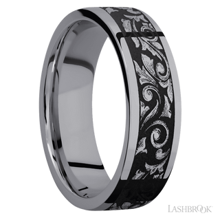 7 mm wide/Flat/Tantalum band with a laser carved Western Scroll pattern.