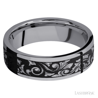 7 mm wide/Flat/Tantalum band with a laser carved Western Scroll pattern.