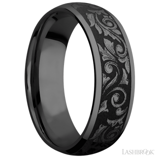 7 mm wide/Domed/Zirconium band with a laser carved Western Scroll pattern.