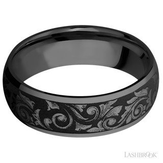 7 mm wide/Domed/Zirconium band with a laser carved Western Scroll pattern.