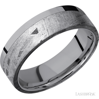 7 mm wide/Flat/Tantalum band with one 5 mm Off Center Edge inlay of Meteorite.